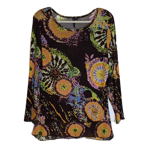 d. jeans Tops - Azi Jeans Top Womens XL Brown Tie Dye 90s Y2K Mesh Beaded Sequin Sheer Grunge XL